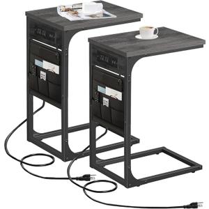 TUTOTAK C Shaped End Table with Charging Station, Side Table for Sofa, Couch Table with Storage Bag, Set of 2, TV Tray Table with 2 USB Ports and Outlets for Living Room, Bedroom, TB01BY0242 (Grey)
