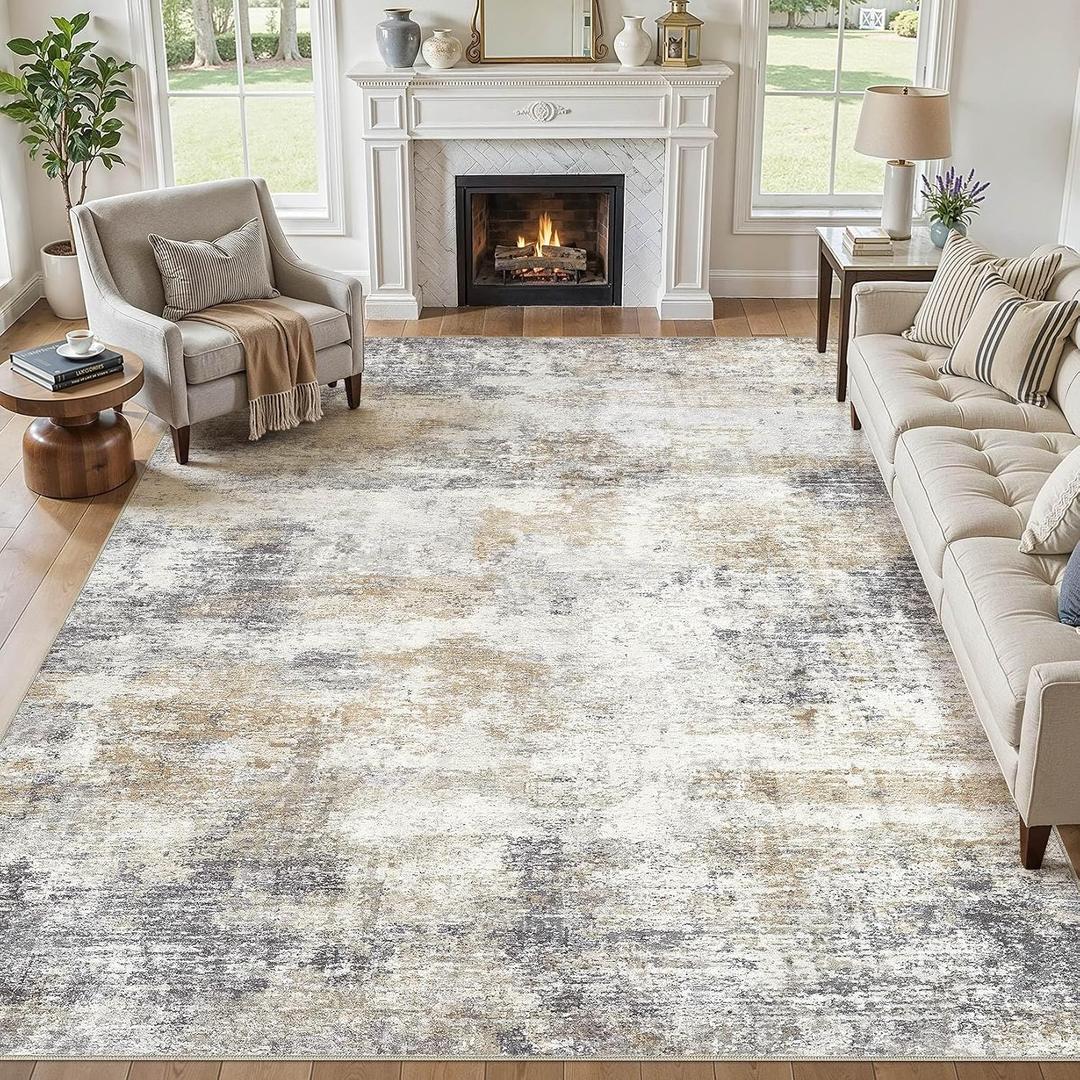 9x12 Area Rugs for Living Room - Washable Neutral Modern Abstract Rug Soft Non-Slip Stain Resistant Carpet for Bedroom Dining Table Nursery Farmhouse Home Office Decor- GoldBrown