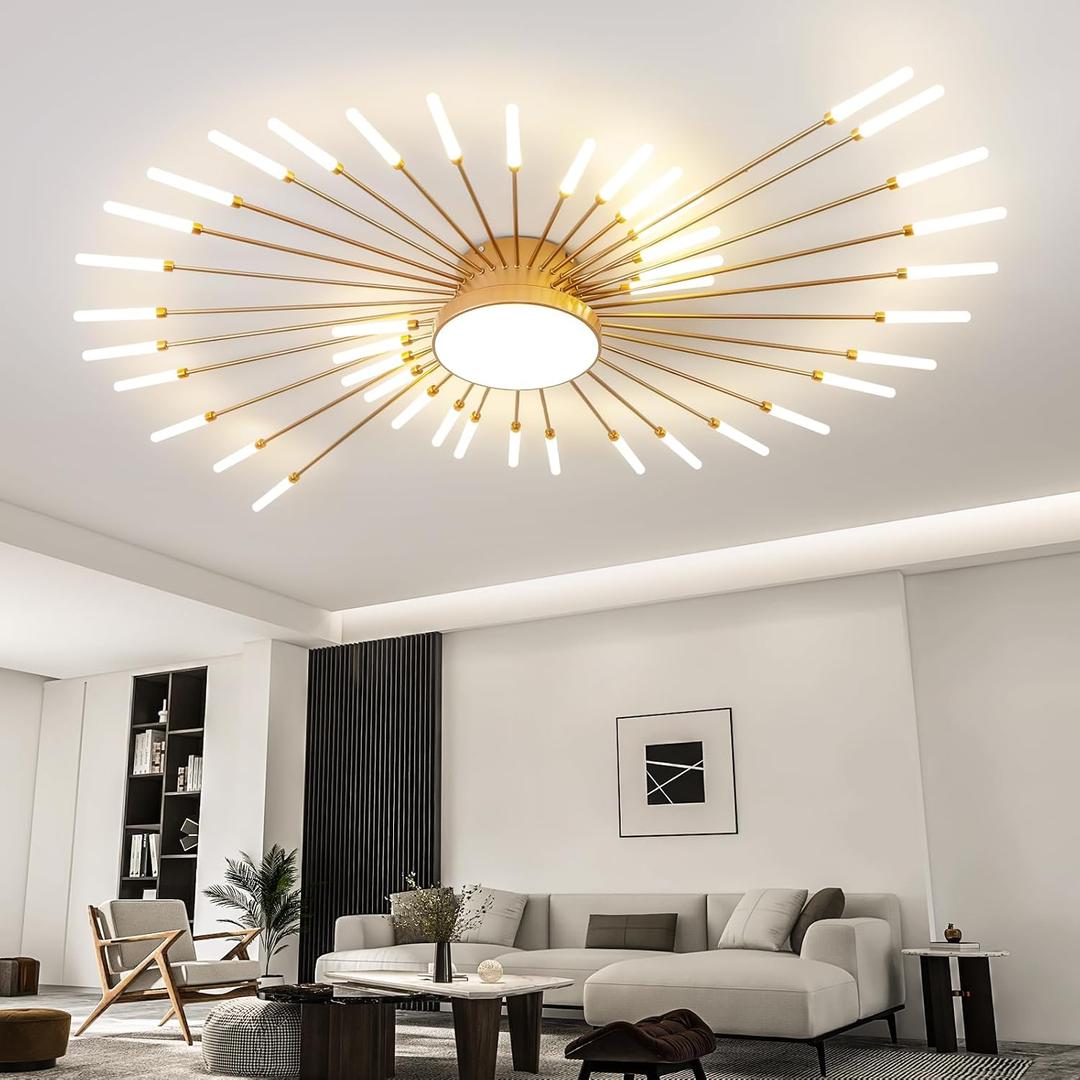 ziidoo Modern Ceiling Light, 42+1 Lights Metal Firework Designed Chic Led Lighting Fixture for Farmhouse Kitchen Dining Room Bedroom Hallway Living Room (Gold and Dark Gold), 43
