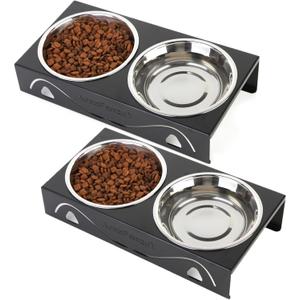 2 Pack Cat Food Bowls - Indoor Set with Metal Stand,5 Tilted Anti Vomiting Wide Raised Pet Dish,Cute Elevated Cat Feeding Station for Food Water, 4 Stainless Steel Bowls for Multiple Kitten,Puppy