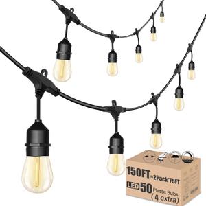 Outdoor String Lights for Outside LED 150 FT Shatterproof Patio Lights with 50 Waterproof Bulbs for Outdoor Backyard Bistro Gazebo Lights, 2-Pack