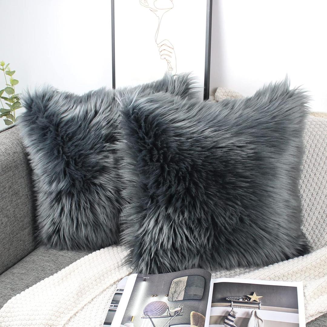 OYIMUA Fluffy Decorative Throw Pillow Covers 20x20, Faux Fur Farmhouse Luxury Pillow Cases,Soft Plush Fuzzy Dark Gray Cushion Covers for Sofa Couch Living Room Bedroom Set of 2