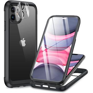 Miracase Glass Series Designed for iPhone 11 Case [2023 Upgraded] Full-Body Rugged Bumper Case with Built-in 9H Tempered Glass Screen Protector and Camera Protector (Black) (iPhone 11 6.1")
