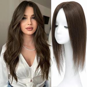 Hair Toppers for Women Real Human Hair, 360 3D Human with Thinning Upgrade Middle Part Clip in Bangs Topper Hair Pieces for Women Daily(Medium Brown, 18 Inch-3D-Side)