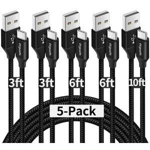 etguuds USB A to USB C Cable 5-Pack (3/3/6/6/10 ft), Fast Charging Type C Charger Cord for iPhone 17 16 15 Pro Max Plus Air, Samsung Galaxy S25 S24 S23 S22 S21 S20 A56 A17 A16, Pixel, Moto G, Black
