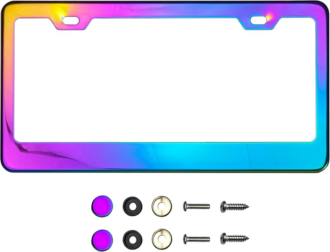 T304 Stainless Steel License Plate Frame  8K Mirror Polish Finish, Rust-Resistant, Slim Design, Universal Fit, Includes Screw Caps, Washers & Stainless Steel Screws (Iridescent)