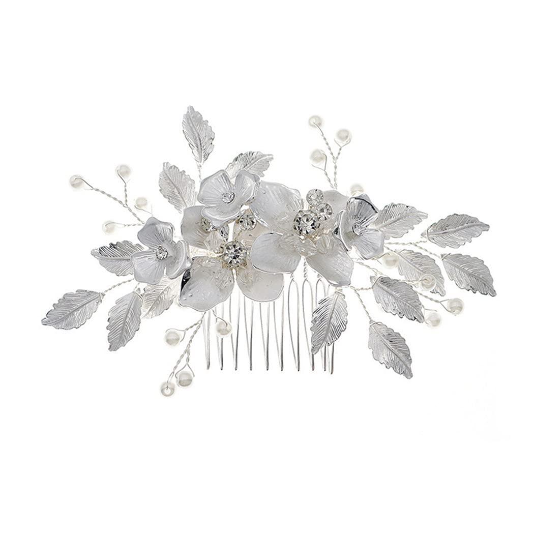 Bridal Hair Side Comb, Sinide Pearl Rhinestone Crystal Wedding Clip Handmade Leaves Flower Bridal Comb Barrette Silver Headpieces for Women Wedding, Vintage Hair Barrette Bridesmaids Headpiece
