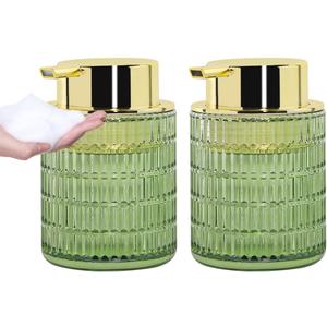 2pcs Green Foaming Soap Dispenser, Glass Foam Hand Soap Dispenser with Gold Pump, 10 Oz Bathroom Refillable Liquid Lotion Pump Ribbed Bottle Container for Countertop Decor