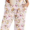 Ekouaer Womens Pajama Set Short Sleeve Sleepwear Pleated Floral Pjs Set Capri Pants Lounge Sets with Pockets XXL