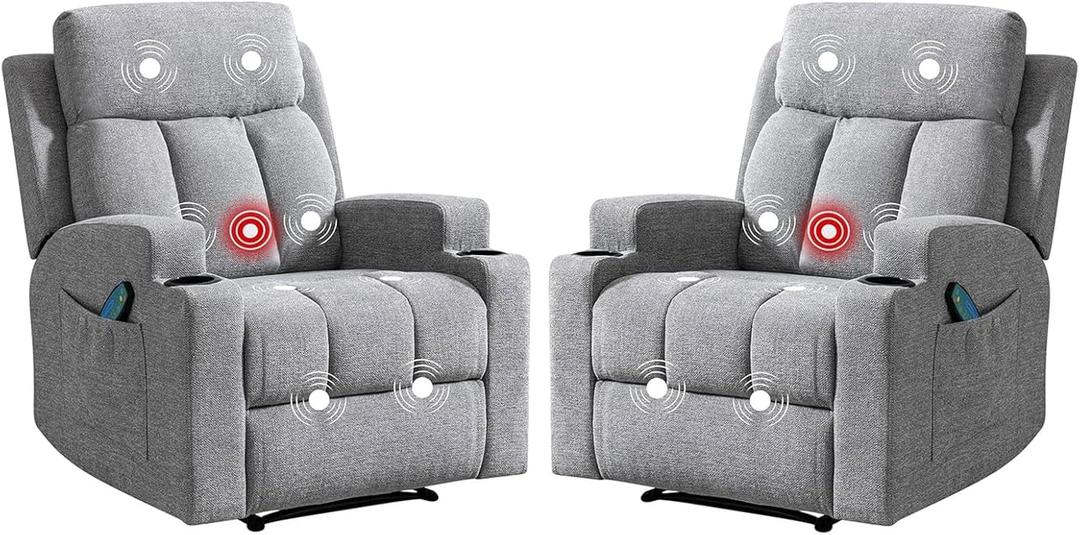 Phoenix Home Manual Recliner Chair Set of 2 with Massage and Heat, Ergonomic Overstuffed Breathable Fabric Recliner Single Sofa Seat with 2 Cup Holders, Living Room Lounge Recliners on Clearance, Gray (Grey)