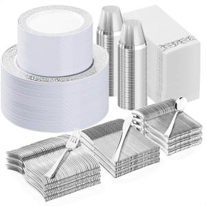 Bestluck 700PCS Silver Plastic Dinnerware Set for 100 Guests, Disposable Plates for Party, Include 100 Dinner Plates, 100 Dessert Plates, 100 Set Silver Silverware, 100 Cups, 100 Napkins