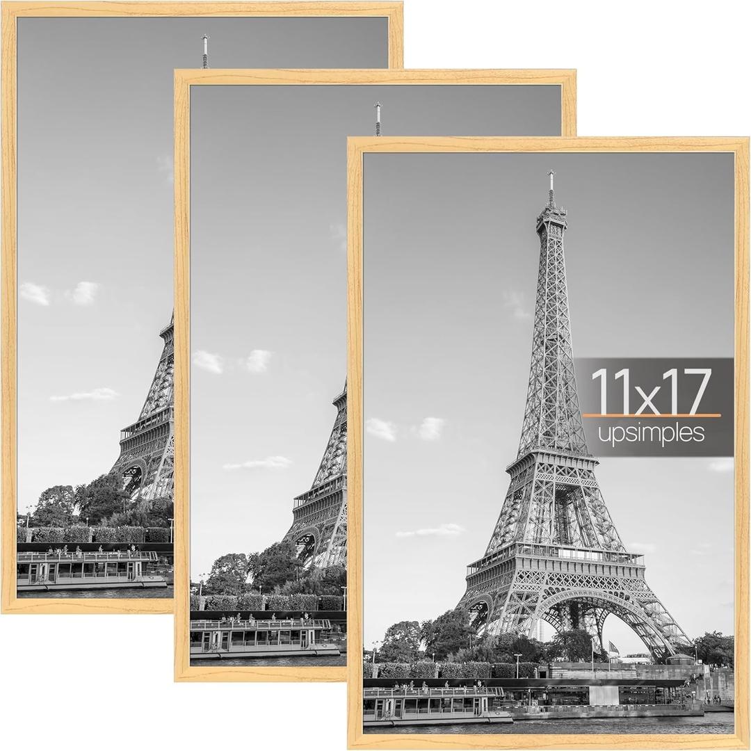 upsimples 11x17 Picture Frame Natural 3 Pack, Scratch-Proof 11 x 17 Poster Frames for Photo Gallery - Slide-In Strips, Horizontal or Vertical Wall Mounting