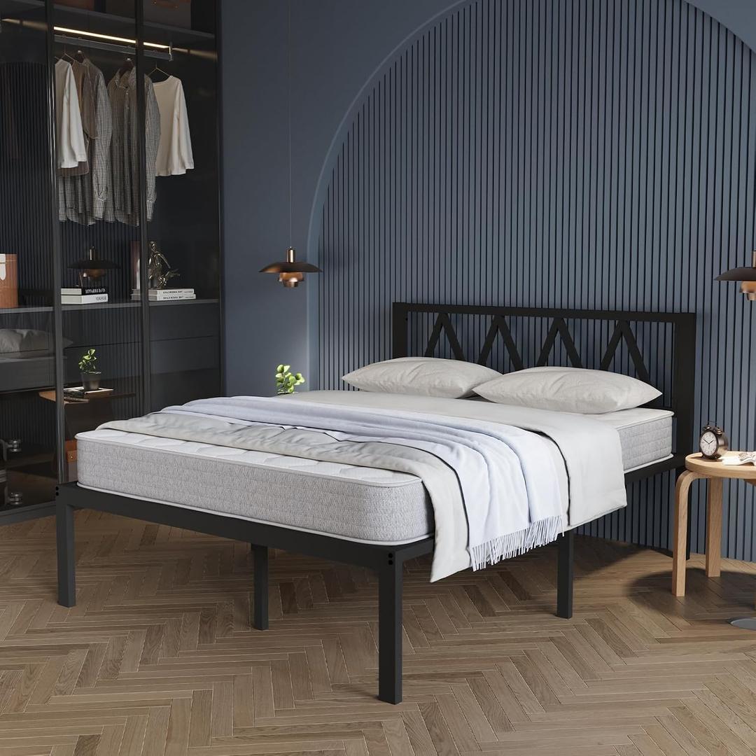 Avenco 14 Inch Full Size Bed Frame with Headboard, Metal Platform Bed Frame, Full Bed Frame No Box Spring Needed, Easy Assembly, Heavy Duty Slats Support, Black