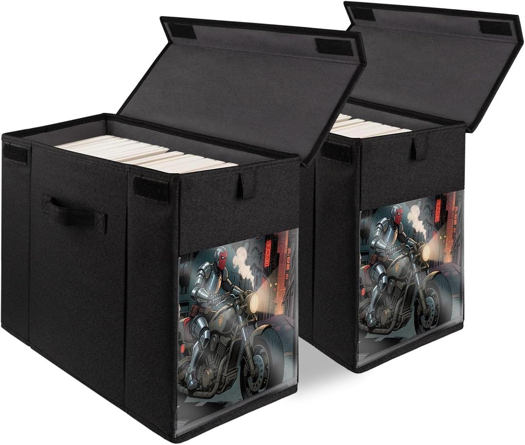2 Pack Comic Book Storage Box with Lid for Modern Age, Collapsible Magazine Organizer with Clear Window, Heavy Duty Case Container Holder, Black