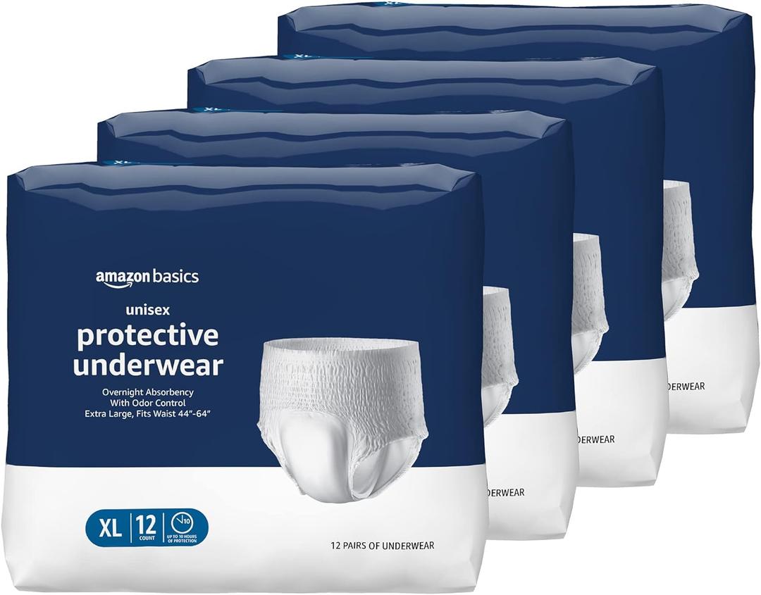Amazon Basics Unisex Protective Underwear, Overnight Absorbency, Extra Large, 48 Count, (4 Packs of 12)