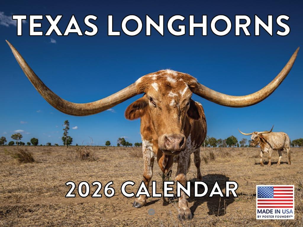Texas Longhorn Calendar 2026 Cattle Monthly Wall Calender 12 Month | American Made In The USA