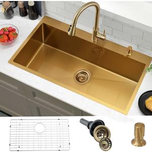 33 Inch Gold Drop In Kitchen Sink-Wesliv 33x22 Stainless Steel Sinks Drop In Top Mount 18 Gauge Single Bowl Deep Kitchen Sink with Soap Dispenser & Dish Grid