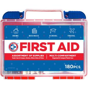 Be Smart Get Prepared 180 Piece First Aid Kit: Clean, Treat, Protect Minor Cuts, Scrapes. Home, Office, Car, School, Business, Travel, Emergency, Survival, Hunting, Outdoor, Camping & Sports, FSA HSA