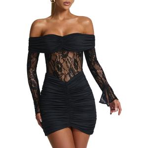 Women's Sexy Lace Off Shoulder Long Sleeve Bodycon See Through Night Out Party Mini Dress Small