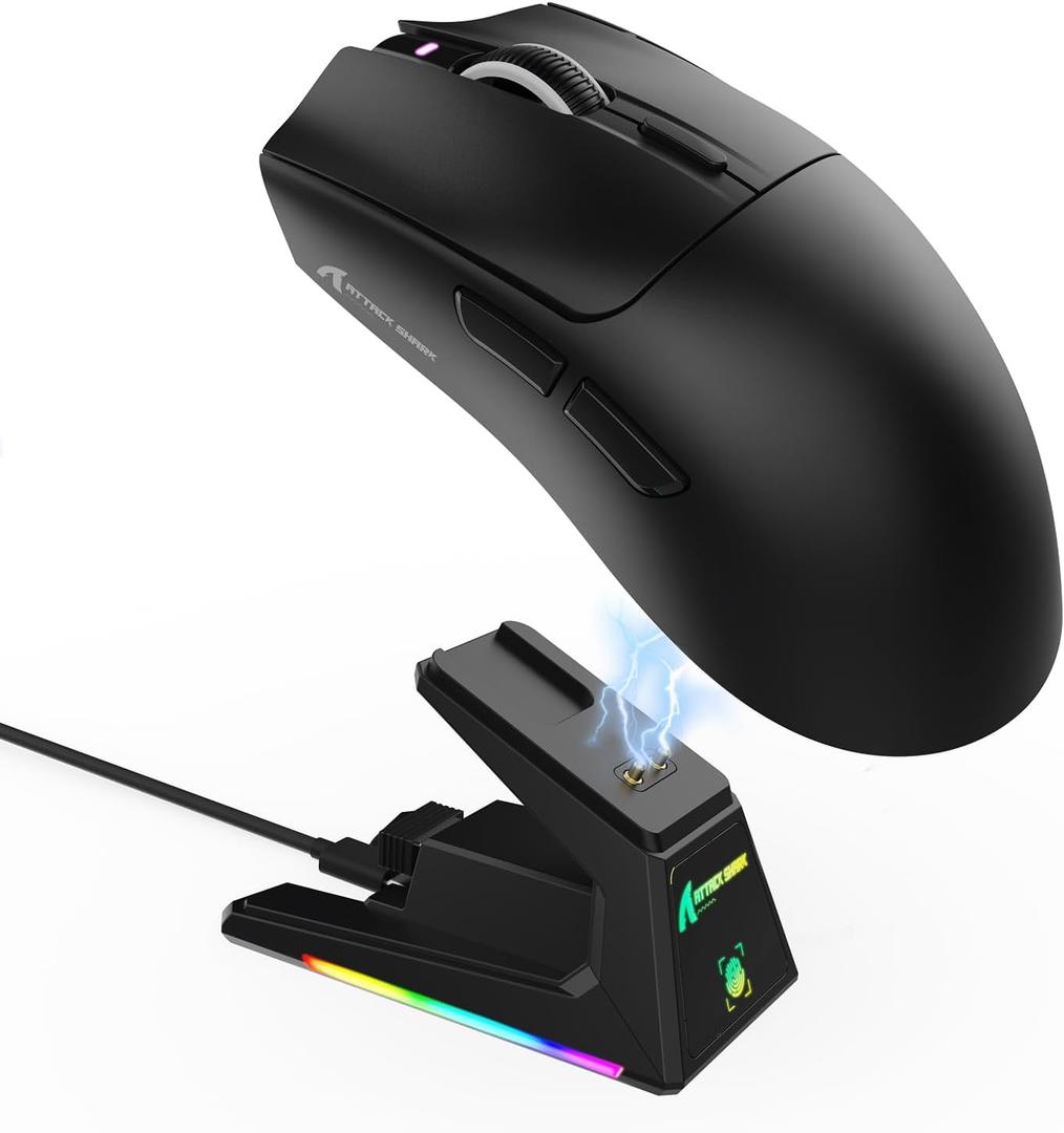ATTACK SHARK X1 Ultralight Wireless Gaming Mouse with Magnetic RGB Charging Dock,PixArt PAW3395 Pro Sensor,40000DPI,BT/2.4Ghz/Wired,1K Polling,Optical Micro Switch,Web Driver for PC Mac Gamer(White)