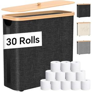 Toilet Paper Storage with Bamboo Lid, 33.8L Foldable Toilet Paper Basket Organizer Holder for up to Regular 30 Rolls Or 12 Mega Rolls, Waterproof Free Standing Toilet Paper Holder for Bathroom, Black