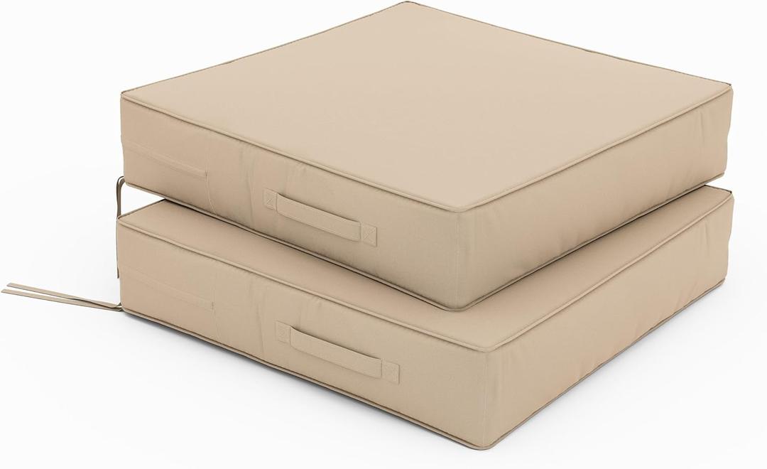 Patio Chair Cushions 24 X 24 X 5 Inch Waterproof Outdoor Seat Cushions for Patio Furniture, Outdoor Sofa Couch Pads with Ties & Handle, Set of 2, Sand