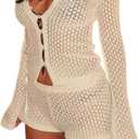 SHENHE Women's Crochet Set 2 Piece Outfits Button Up Long Sleeve Top and Mini Shorts Vacay Outfits (White, M)