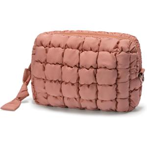 Quilted Makeup Bag Puffy Cosmetic Bag Cute Puffer Travel Toiletry Bag for Women, Large Makeup Pouch for Purse Quilted Cosmetic Pouch for Essentials Toiletries, Christmas for Women, Girls (Dust Pink)