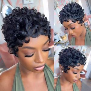 FREEKWEEN Short Curly Wig Human Hair for black women Short Layered Pixie Wigs Brazilian Virgin Curly Wavy Haircut Glueless pixie cut wig With Bangs Natural Black Color for Daily Use