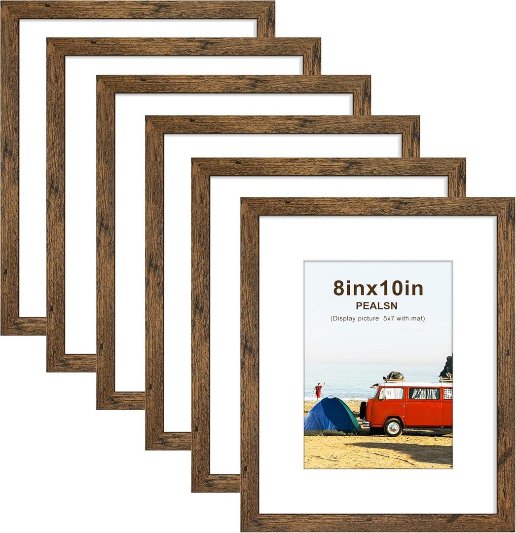PEALSN 8x10 Picture Frame Set of 6, Display Pictures 5x7 with Mat or 8x10 Without Mat for Wall Mounting or Table Top Display, Photo Frames Collage for Wall Decor, Rustic Brown
