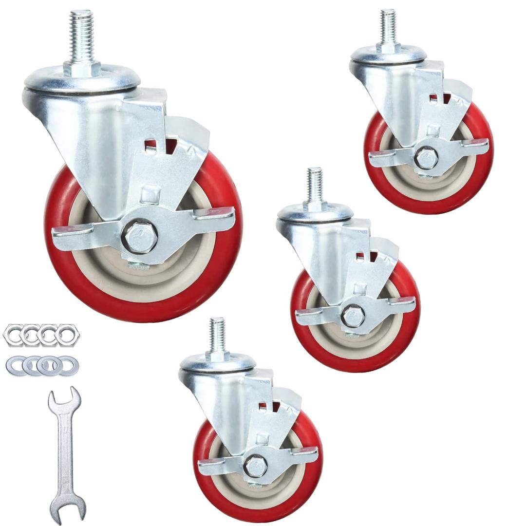Heavy Duty Stem Caster Wheels Soft PU Threaded Stem Casters 1/2"-13 x 1 (Stem Diameter 1/2", Stem Length 1") Dual Locking with Side Brakes Casters Set of 4 (4 Inch)