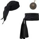 Pirate Costume Accessories Women Men Pirate Bandana Headband Head Scarf Pirate Sash Belt and Pirate Jewelry 3pcs (Black)