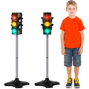 Hiboom 2 Pieces Traffic Light Toy 2 in 1 Simulation Safety Traffic Indicator Crosswalk Signal with Lights and Sounds for Birthday Educational Toy Gift 4 Sides, 28.4 Inch Height