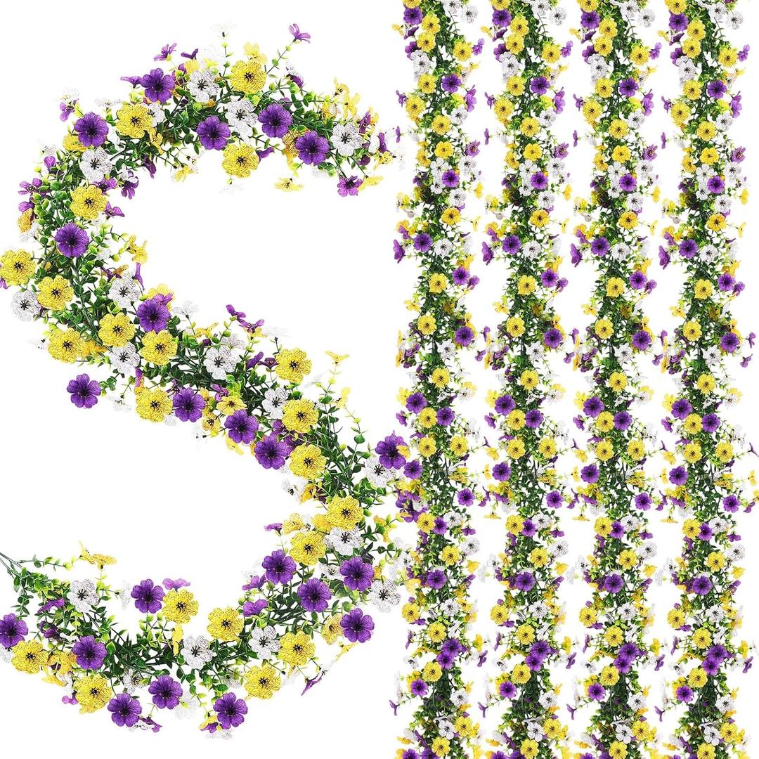 4 Pcs 6 ft Artificial Flowers Wisteria Garland-Total 24 ft Fake Hanging Wisteria Flowers Green Vines Garlands, Faux Flower Daisy with Eucalyptus Leaves for Garden Decor (Mixed 3 Colors)