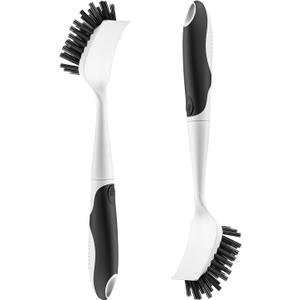 Cleangor Dish Scrub Brush, 2 Pack Stiff Bristles Cleaning Scrubber Brushes | with Non Slip Handle Built-in Scraper, Kitchen Dish Brushes for Cleaning Pans, Pots, Stoves, Sink