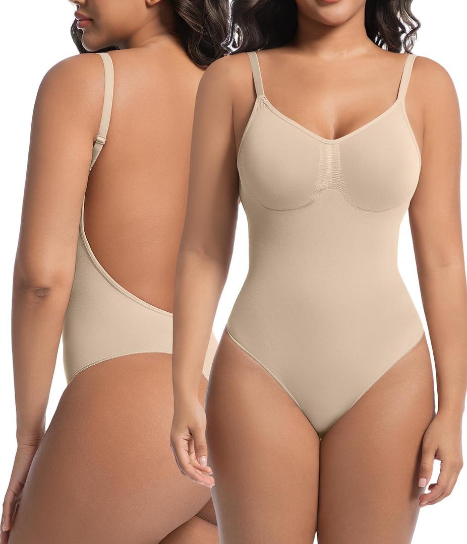 Backless Thong Shapewear for Women with Tummy Control, Seamless Sculpting Bodysuit for Workouts and Daily Wear (Small-Medium, Apricot)