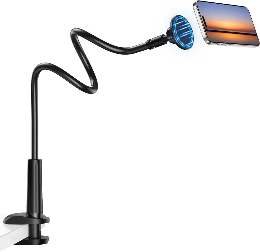 Magnetic Gooseneck Phone Holder Mount for iPhone 16/15/14/13/12 - Magnetic Stand Tabletop Clamp 360Rotation Adjustable for Office/Home Compatible with iPhone 16 15 14 13 12 Mini Plus Pro Max
