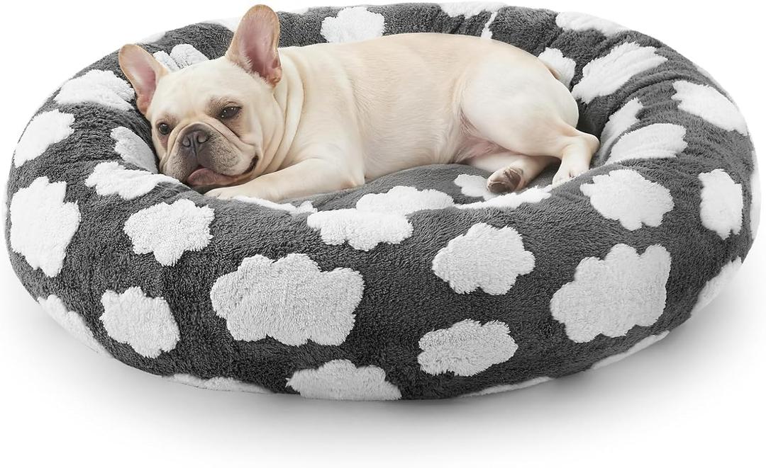 JOEJOY Donut Small Dog Bed, Round Cat Beds for Indoor Cats with Removable Washable Cover, Orthopedic Cute Puppy Kitten Pet Bed with Jacquard Shaggy Plush & Non Skid Bottom, Black (Grey)