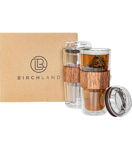 Birchland  Double Wall Glass Coffee or Tea Cup with Lid, Insulated, 12 oz, Set of 2