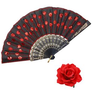 Penta Angel Rose Flower Hair Clip and Embroidered Sequins Fabric Peacock Handheld Folding Fan for Women Girls Flamenco Dancer Halloween Party Costume (Red)