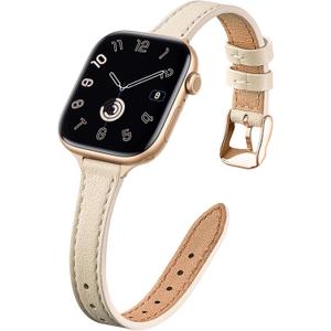 STIROLL Slim Leather Bands Compatible with Apple Watch Band 38mm 40mm 41mm 42mm(Series 11 10), Top Grain Leather Watch Thin Wristband for iWatch SE 9 8 7 6 5 4 3 2 1 (Beige Gold)