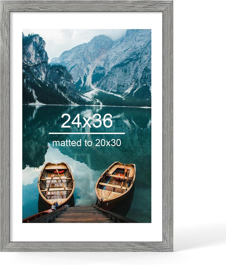 Hongkee 24x36 Frame, Rustic Grey Wood Style - Display Posters 20 x 30 with Mat or 24x30 without Mat, Wall Mounting Horizontal and Vertical, 1 Pack