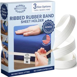 RUBBER HUGGER Medium Size Elastic Bed Sheet Holder - Patented, Ribbed Rubber Band with 1 Bed Sheet Strap for Queen Adjustable Mattresses - Bedroom Accessories - Corner Straps (Medium - Queen Mattress)