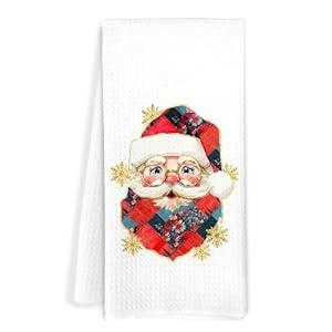 JOQUXI Vintage Santa Christmas Kitchen Towels, Christmas Patchwork Santa Snowflake Decorative Hand Tea Towels for Bathroom, Xmas Winter Holiday Dish Towel Dishcloth, 16x24 Inch