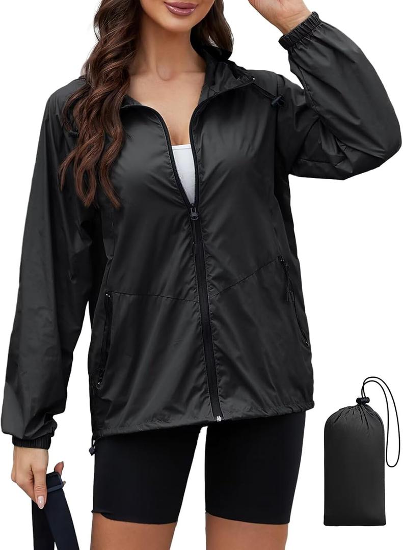 PITINAN Lightweight Rain Jacket Women Packable Wind Breaker Light Rain Jacket Women Waterproof Travel Raincoat (Black, S)