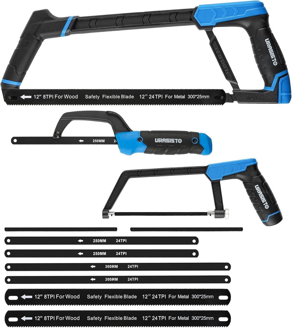 URASISTO Hacksaw Frame Set, 12 Hacksaw Frame, 6'' Hacksaw Frame and 10'' Mini Hacksaw, Including 8pc Extra Blades Multi-function for Metal Wood PVC Pipes