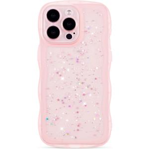 ZTOFERA for iPhone 14 Pro Case 6.1",Cute Curly Wave Case with Star Glitter,Clear Shiny Bling Soft TPU Shockproof Phone Protecive Cover for Women Girls-Pink