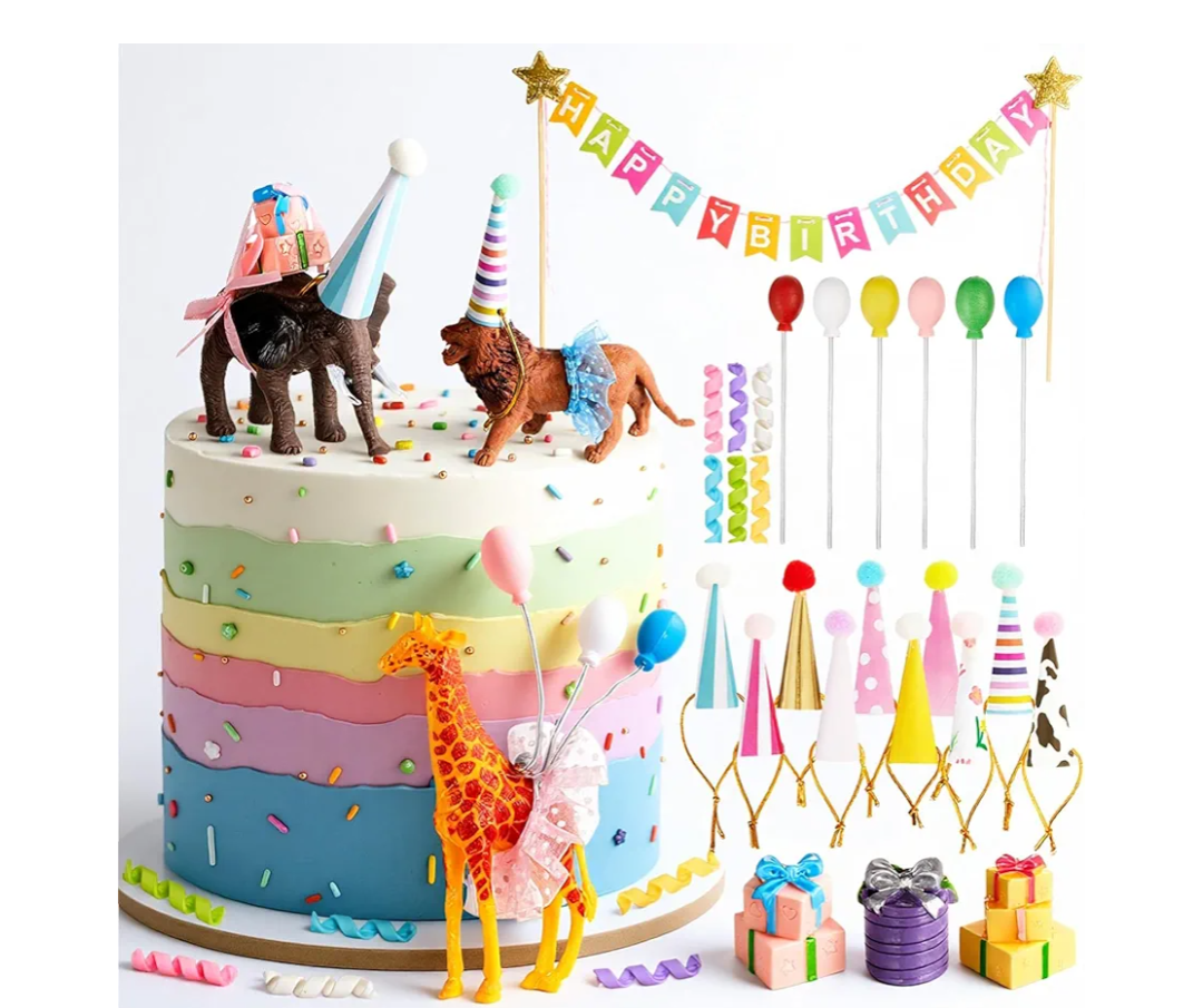 Gemscream 39 Pcs Safari Animal Cake Toppers Party Cake Animal Decorations Jungle Figures with Hats Mini Balloons for Wild Zoo Theme Party Birthday