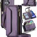 for iPhone 17 Wallet Case with Zipper Card Holder & Crossbody Lanyard Strap & Wrist Strap, RFID Blocking PU Leather Magnetic Flip Handbag Purse Case for iPhone 17 -Purple