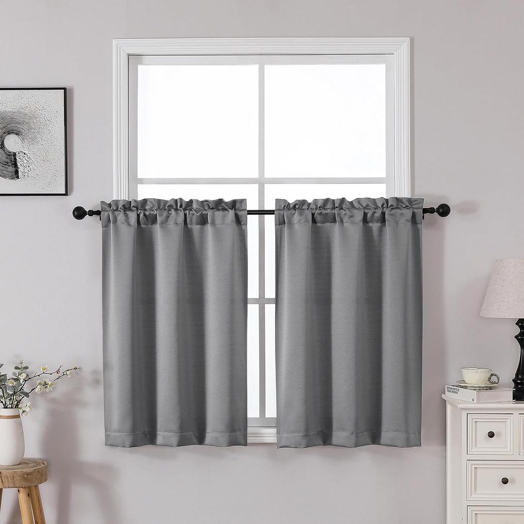 OWENIE Heidi Grey Kitchen Tiers 30 Inch Length 2 Panels Set for Dining Room, Light Filtering Curtains for Bathroom, Basement, Small Rooms, Rod Pocket Solid Curtain, 2 Pcs, Each 30" W x 30" L